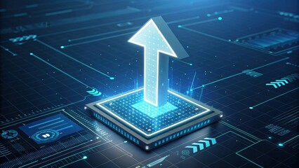 Abstract digital upload arrow rising from a platform