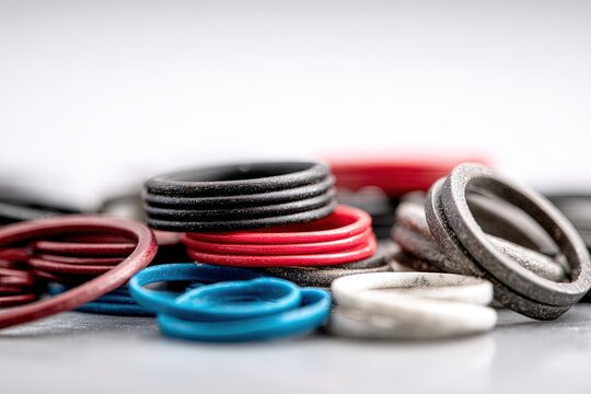 A close-up shot displaying an assortment of colorful rubber O-rings, focus on details