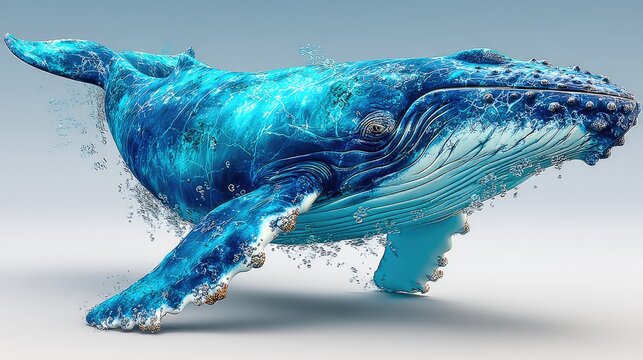 Dynamic 3D whale made of water and bubbles, aquatic wildlife concept art