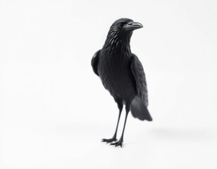 Fototapeta premium Realistic Decorative Black Raven or Crow on Bright White Studio Background for Halloween Mockup