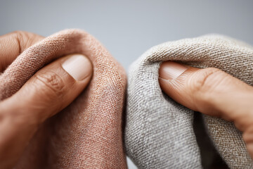 close-up of consultant comparing warm and cool tone fabrics against clients skin under studio light, precision and detail, 
