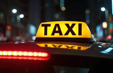 Yellow illuminated taxi sign glows brightly on car roof at night. City street lights blur in background, red taillights shine. Nighttime urban transport service
