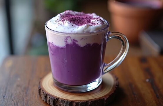 Vibrant purple ube latte drink in clear glass mug with thick white creamy foam, dusted with purple powder. This sweet beverage sits on wood coaster on a table. Delicious trendy cafe menu item.