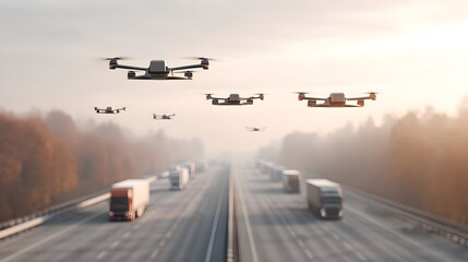 Naklejka premium multiple drones flying in formation above an expressway filled with delivery trucks