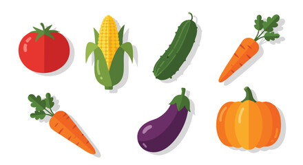 Flat Vector Illustration of Fresh Vegetables Including Tomato, Corn, Cucumber, Carrot, Eggplant, and Pumpkin for Organic Farming and Healthy Food Design