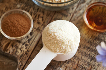 Whey protein powder in a measuring scoop with other ingredients for DIY healthy bars - raw cocoa, oat flakes, maple syrup