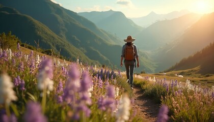 Person hikes mountain path. Golden sun illuminates green valley. Purple, white wildflowers bloom along trail. Traveler explores wild nature. Summer outdoor adventure trip. Scenic journey offers