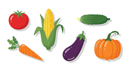 Flat Vector Illustration of Fresh Vegetables Including Tomato, Corn, Cucumber, Eggplant, Carrot, and Pumpkin for Organic Food, Vegan Diet, and Healthy Lifestyle Design