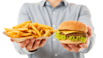 Delicious burger and crispy fries held by person in casual attire, showcasing tempting meal that evokes feelings of satisfaction and indulgence