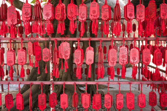 Red prayer tags at the chinese temple, Macao
