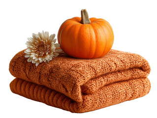 Cozy autumn scene featuring knitted blanket, vibrant orange pumpkin, and decorative flower, evoking warmth and seasonal charm. Perfect for fall decor and gatherings