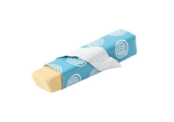 Isolated light-yellow eraser in blue cover with spiral design, partially unwrapped wrap