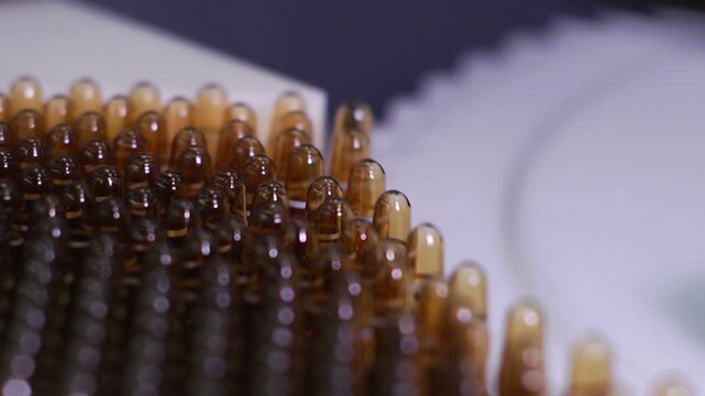 High-definition footage of an automated cleanroom assembly where glass ampoules are washed, filled with injectable medication, sterilized, and hermetically sealed. Showcases precision robotics, strict