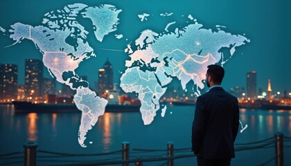 Man in suit looks at glowing world map over city skyline and ocean port. Analyzes global commerce and trade networks. Plans business growth strategy.