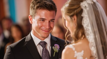 Wedding couple exchanging vows indoors