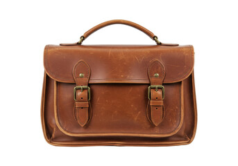 Isolated Vintage Leather Satchel Handbag, Brown Leather Briefcase with Handle and Buckles