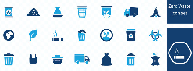 Zero Waste icon set . battery, green, factory, light bulb, zero waste, black sign silhouette