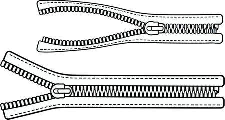 Zipper vector illustration, open and closed views with slider mechanism and stitching details, garment construction fashion CAD flat sketch