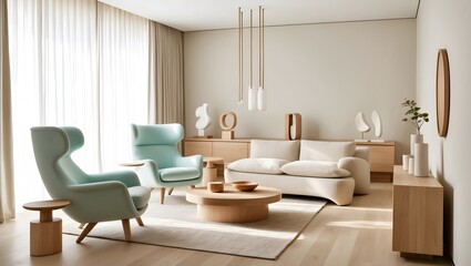 Fototapeta premium Airy Scandinavian-Inspired Living Room. Modern Neutral Living Space with Wooden Accents