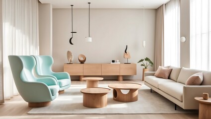 Modern Minimalist Living Room with Wooden Tables. Stylish Contemporary Lounge with Wooden Furniture