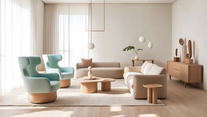 Stylish Contemporary Lounge with Wooden Furniture. Modern Minimalist Living Room with Wooden Tables. 