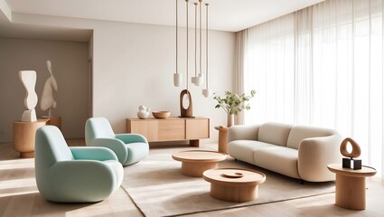 Modern Minimalist Living Room with Wooden Tables. 