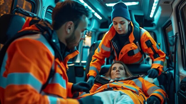 Two emergency medical responders in bright uniforms assist an injured person lying on a stretcher inside an ambulance. The scene takes place at night with dim lighting, showing urgency and care