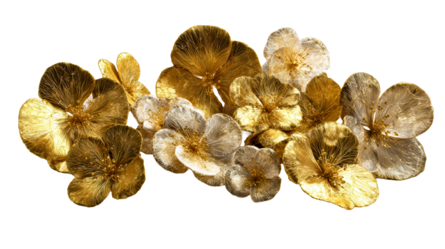 Group of Golden and Silver Metallic Flowers, cut out transparent