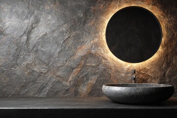 Modern bathroom with stone wall and basin, lit by circular mirror.