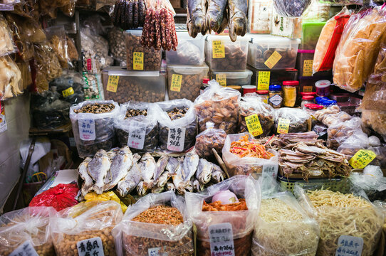 Local dried food at the market, Macao, China