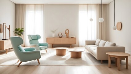 Minimal Home Decor in Beige and Mint Palette. Elegant Home Interior with Pastel Accents
