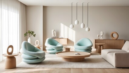 Serene Modern Living Room with Natural Materials. Minimalist Scandinavian Living Room Interior. 