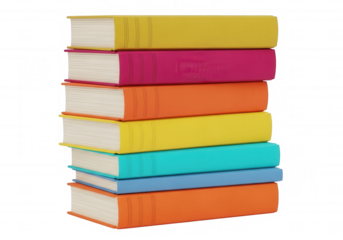 Stacked colorful books against black yellow pink isolated on a transparent background