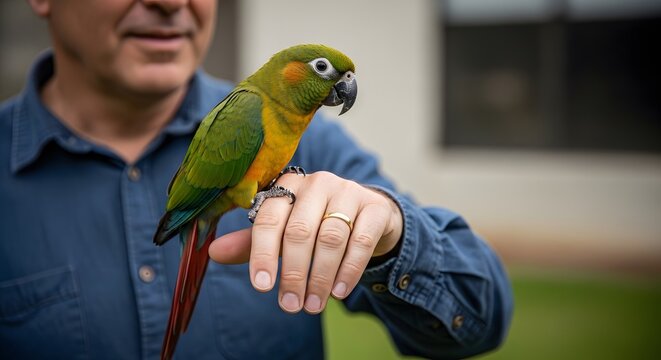 Man and colorful parrot perched on hand pet ownership outdoors