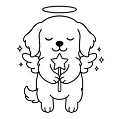 Angel dog with wings and halo holding star wand, black line art on white