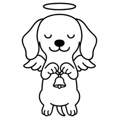 Fototapeta premium Angel dog with wings and halo holding bell, black line art on white background