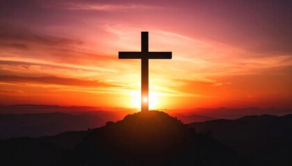 Dramatic Sunset Silhouette of a Cross on a Hilltop Against an Fiery Sky