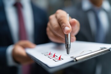 Marking Checklist Boxes Accurately Confirmation with Red Check Marks on Paper Business Task Completion, Verification, and Documentation Precise Checkmarks, Audit Compliance, and Task Verification