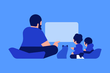 Flat minimal vector illustration of a father and children watching TV together at home with their cat. Concept of family bonding, cozy movie night, and spending quality time together in a modern home 