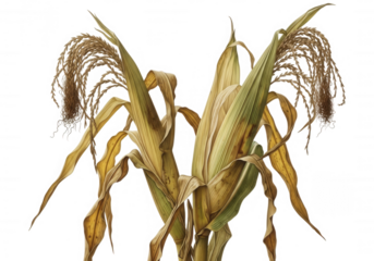 Dry corn stalks with tassels withered yellow isolated on a transparent background