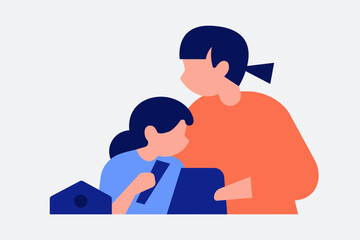 Flat minimal vector illustration of a mother and child playing and building a model together. Concept of creative learning, family bonding, and hands-on education for kids at home.