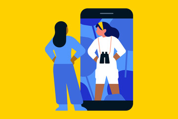 Explorer app concept illustration with woman discovering nature through smartphone
