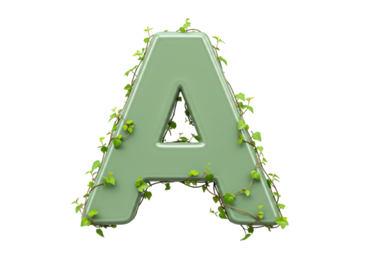 Isolated alphabet A with green leaves, letter with nature element for decoration and design