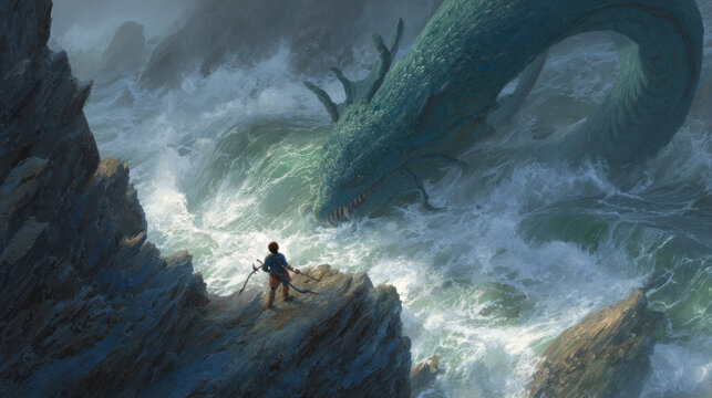 Distant figure faces a massive serpentine creature emerging from the tumultuous ocean waves