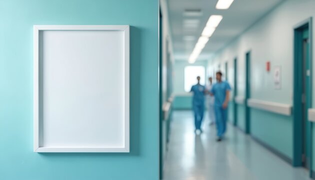 Empty white picture frame hangs on a teal wall in a modern hospital hallway. Blurred medical staff walk past in blue scrubs. This clean, bright space awaits your custom message.