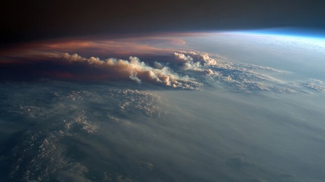 Dramatic aerial view of smoke plume above clouds on Earth, space visible above