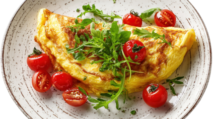 Omelet with parsley, cherry tomatoes, and copyspace