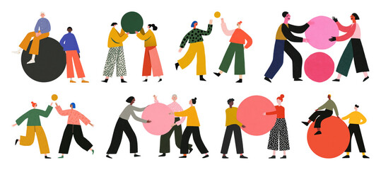 PNG Colorful abstract figures collaborating playfully, element set on transparent background