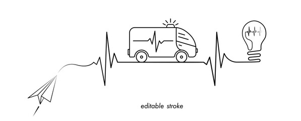 Medical care concept illustration with ambulance truck, ekg line, paper plane, lightbulb. Abstract health care concept design to use for medical emergency, medical care projects.