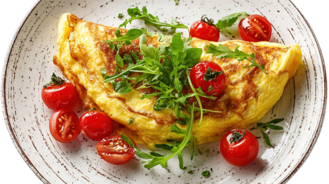 Omelet with parsley, cherry tomatoes, and copyspace
